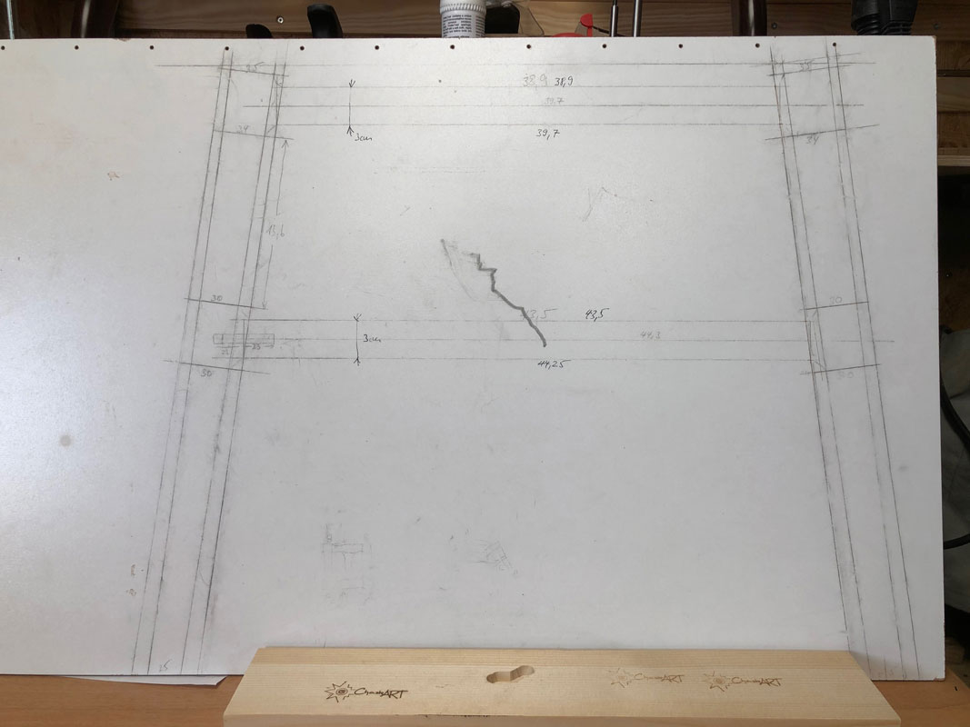 1:1 Zeichnung der Unterkonstruktion des Three-Wood-Tables