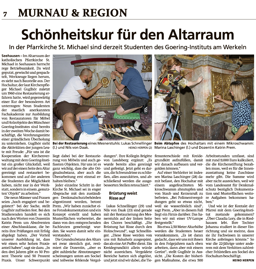 Zeitungsartikel „Schönheitskur für den Altarraum“ im Murnauer Tagblatt über die Restaurierung des Hochaltars der Pfarrkirche St. Michael in Seehausen durch Studierende des Goering Instituts für Restaurierung