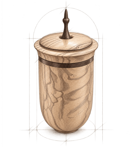 Zeichnung einer gedrechselten Dose mit Finial als Symbol für feine Holzkunst