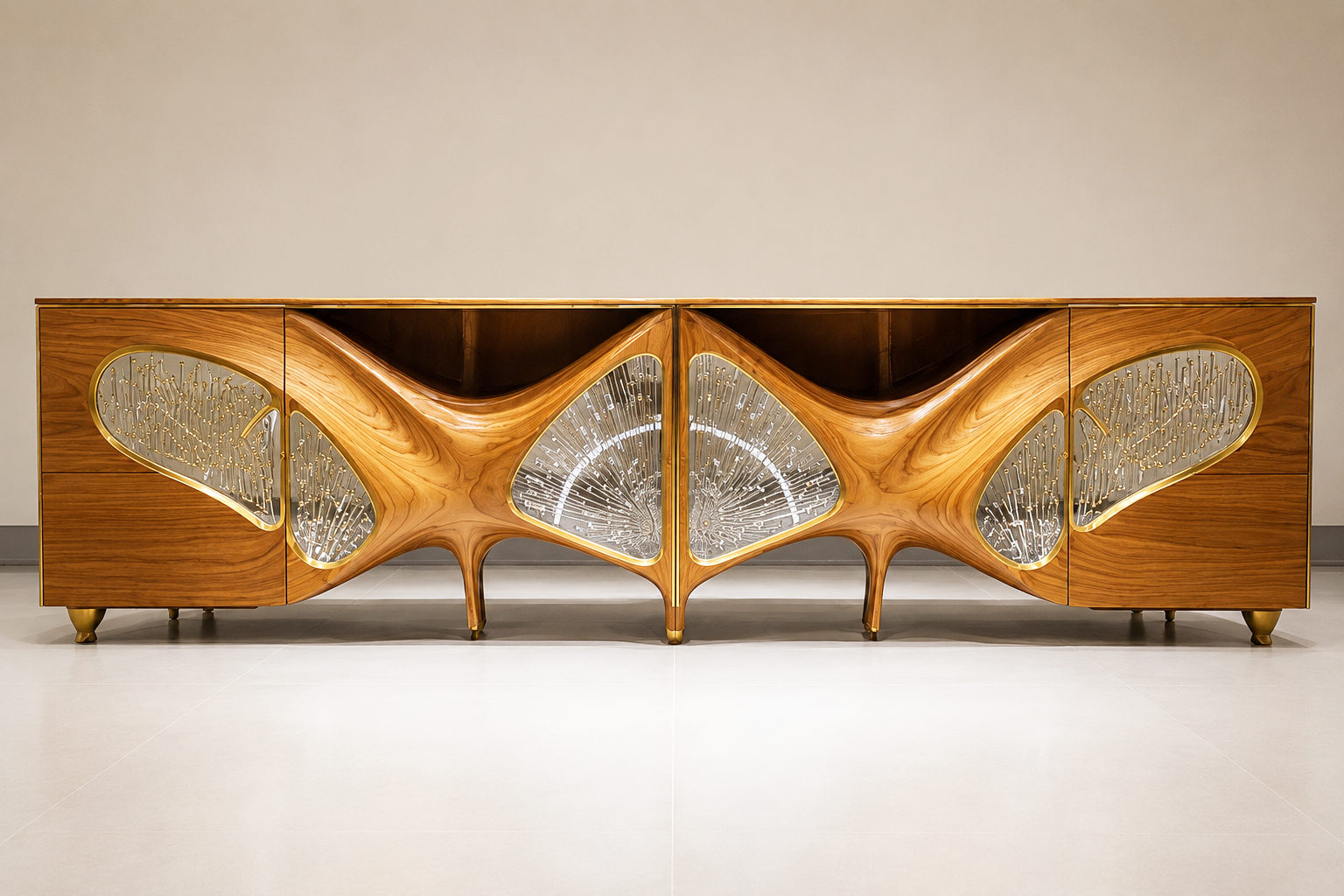 Individuell gefertigtes Sideboard aus Holz mit organisch gestalteter Front