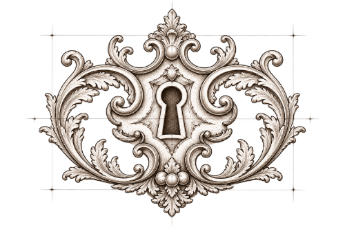 Zeichnung eines historischen Schlossbeschlags als Symbol für Möbelrestaurierung