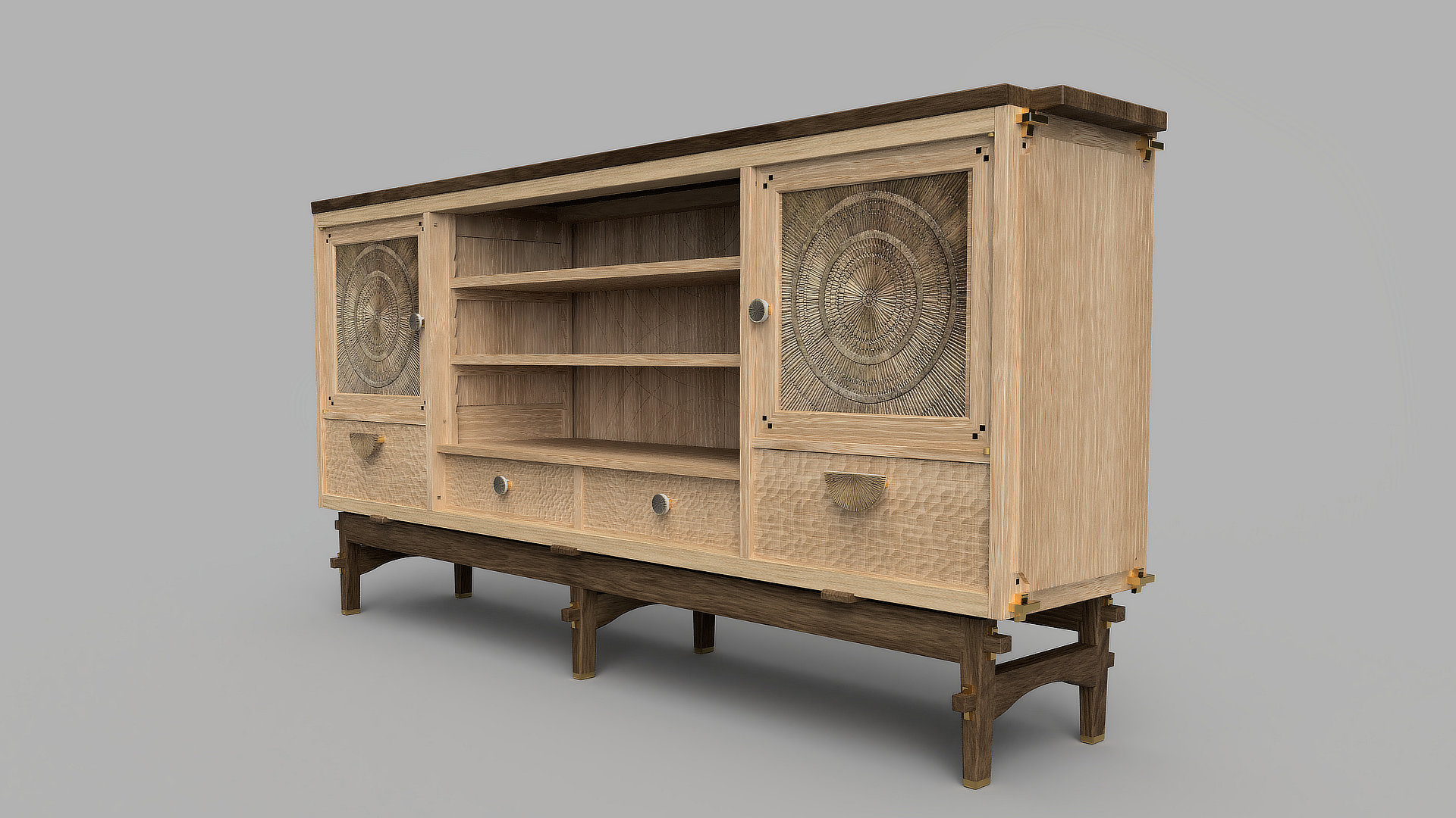 200 Jahre Schrankbau – Konstruktions- und Gestaltungskonzept, 2025 3D-Visualisierung eines modularen Schrankentwurfs aus Edelkastanie von Chaska Schuler mit zwei Rahmentüren, offenen Regalfächern, Schubladen und erhöhtem Untergestell.