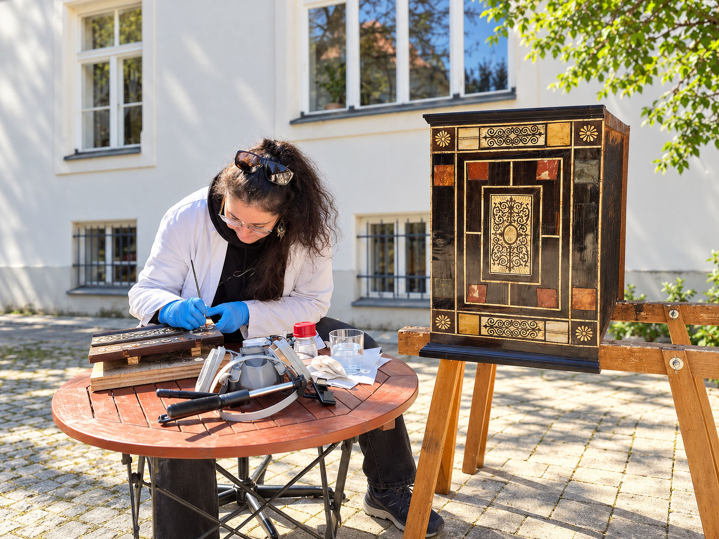Restaurierung eines historischen Kabinettschranks Chaska Schuler bei der Retusche eines verzierten Möbelteils mit einem feinen Pinsel. Daneben steht ein historischer Kabinettschrank mit dekorativen Einlagen.