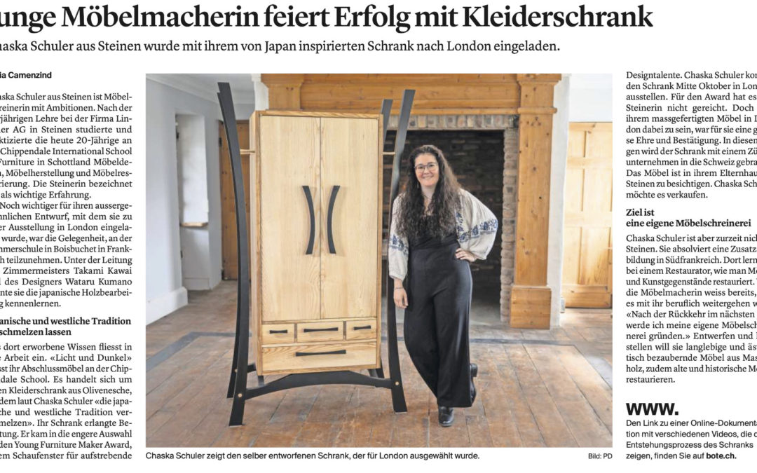 Junge Möbelmacherin feiert Erfolg mit Kleiderschrank – Bericht im Bote der Urschweiz vom 26. Oktober 2022